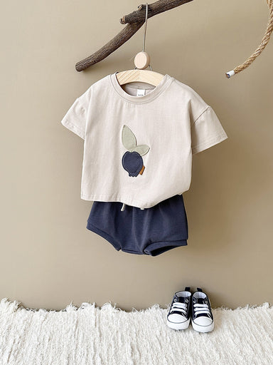 Sommarklädset T-shirt med Persika + Shorts Jogging – Little Pebble Set Unisex, Beige/Blå, Bomull, Storlek 0–3 år More For Mini