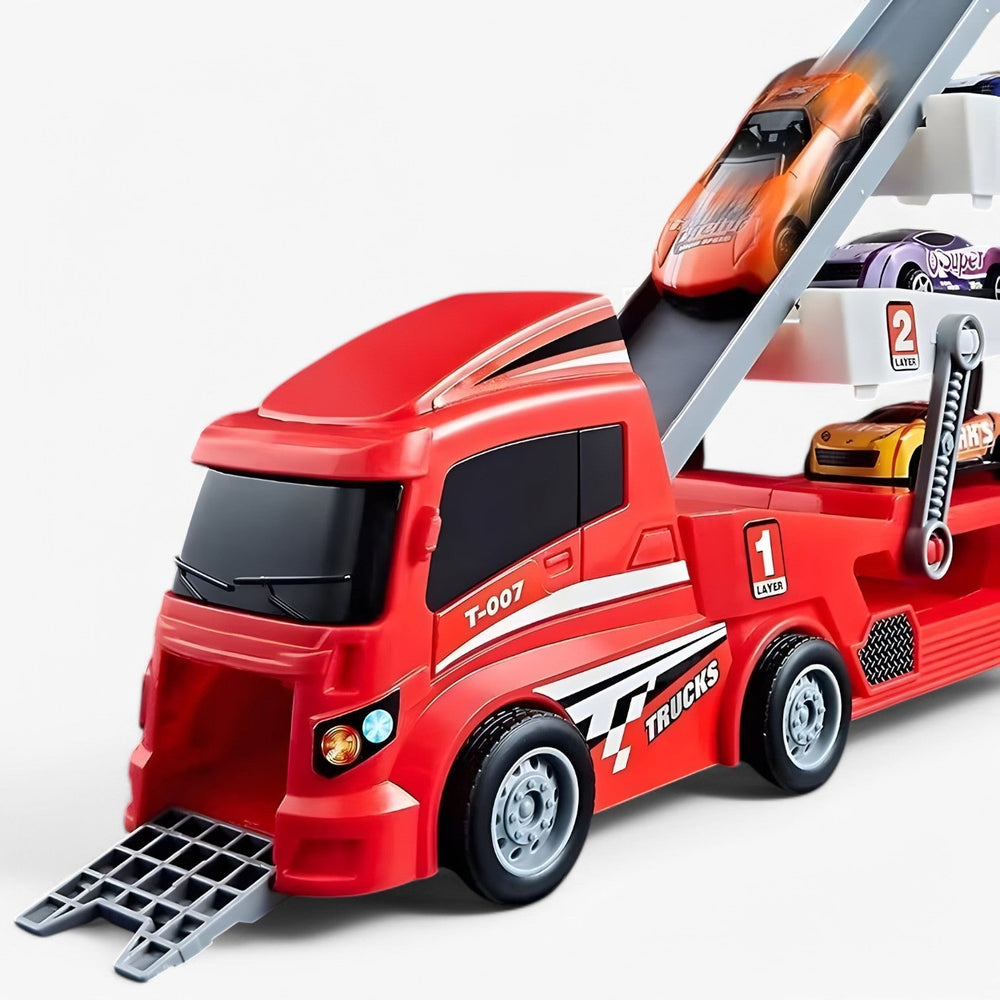 Leksaksbiltransport med 6 racerbilar – lastfunktion, utan batterier | lastbil