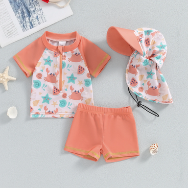SunnySplash Zwemset Kinderen | T-Shirt, Broek & Zonnehoed | UV-Bescherming | Dinosaurus & Krab | 0-3 Jaar More For Mini