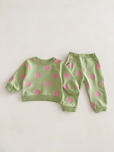 Träningsdräkt med prickar – DottyDays Flickor, Lila/Beige/Grön, Bomull, Storlek 0–4 år More For Mini