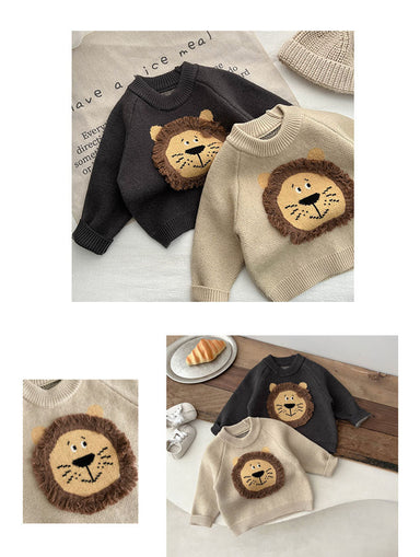 Tröja med Lejon – Lio Tröja Unisex, Beige/Grå, Bomull, Storlek 0–3 år More For Mini