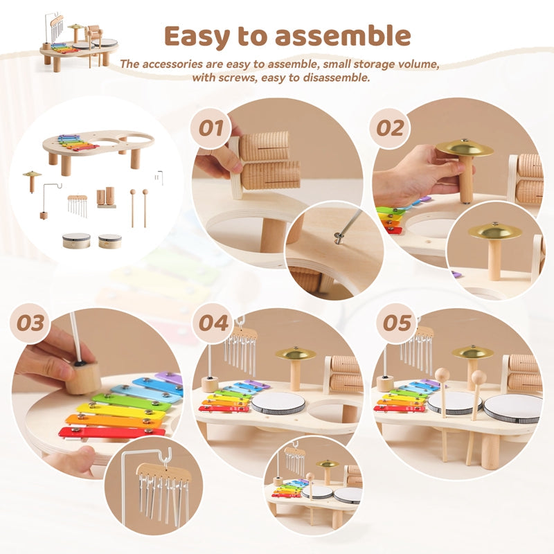 Trämusikbord – Pedagogiskt Musikinstrument för Barn, Inklusive Trummor, Xylofon & Cymbaler, från 1 år More For Mini