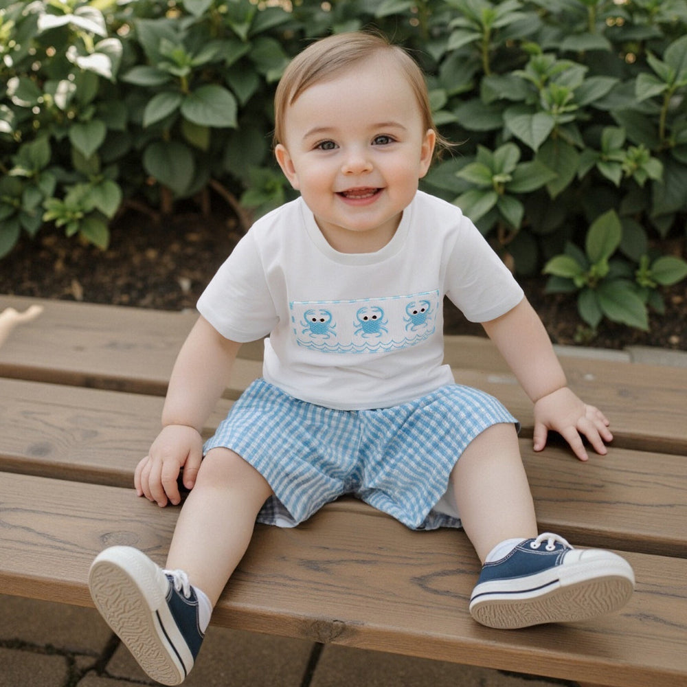 CrabbyCool Zomerset Baby & Peuter | T-shirt met Krabjes & Ruitjes Short | Katoen & Polyester | 6mnd–4jr | Wit & Blauw More For Mini
