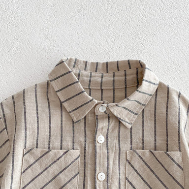 Sommerset med kortbyxor och skjorta – Randigt linneset för pojkar, Beige, Bomull, Storlek 0–5 år More For Mini