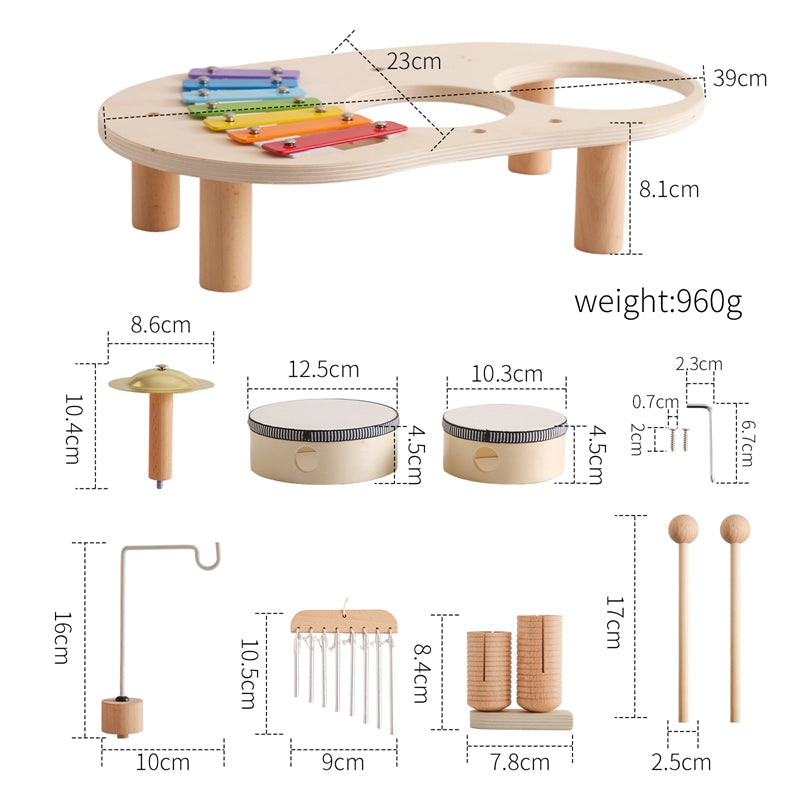 Trämusikbord – Pedagogiskt Musikinstrument för Barn, Inklusive Trummor, Xylofon & Cymbaler, från 1 år More For Mini