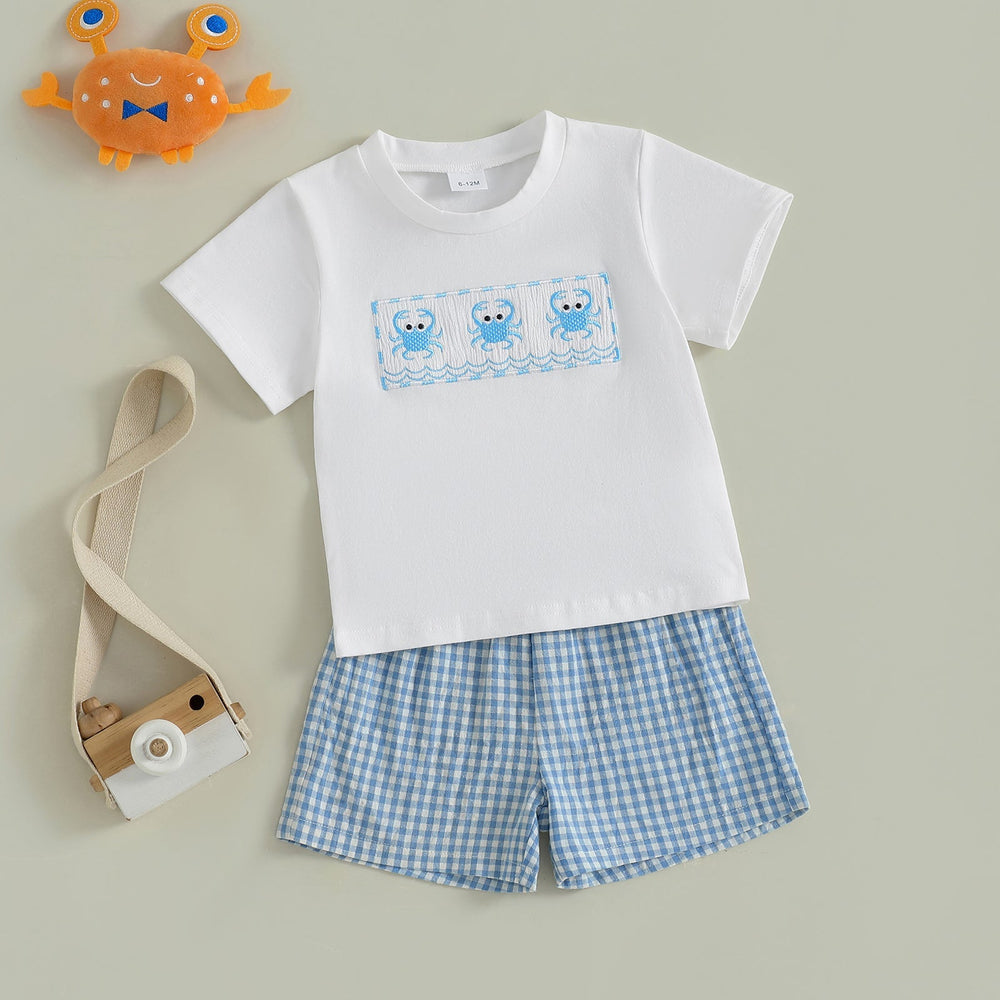 CrabbyCool Zomerset Baby & Peuter | T-shirt met Krabjes & Ruitjes Short | Katoen & Polyester | 6mnd–4jr | Wit & Blauw More For Mini