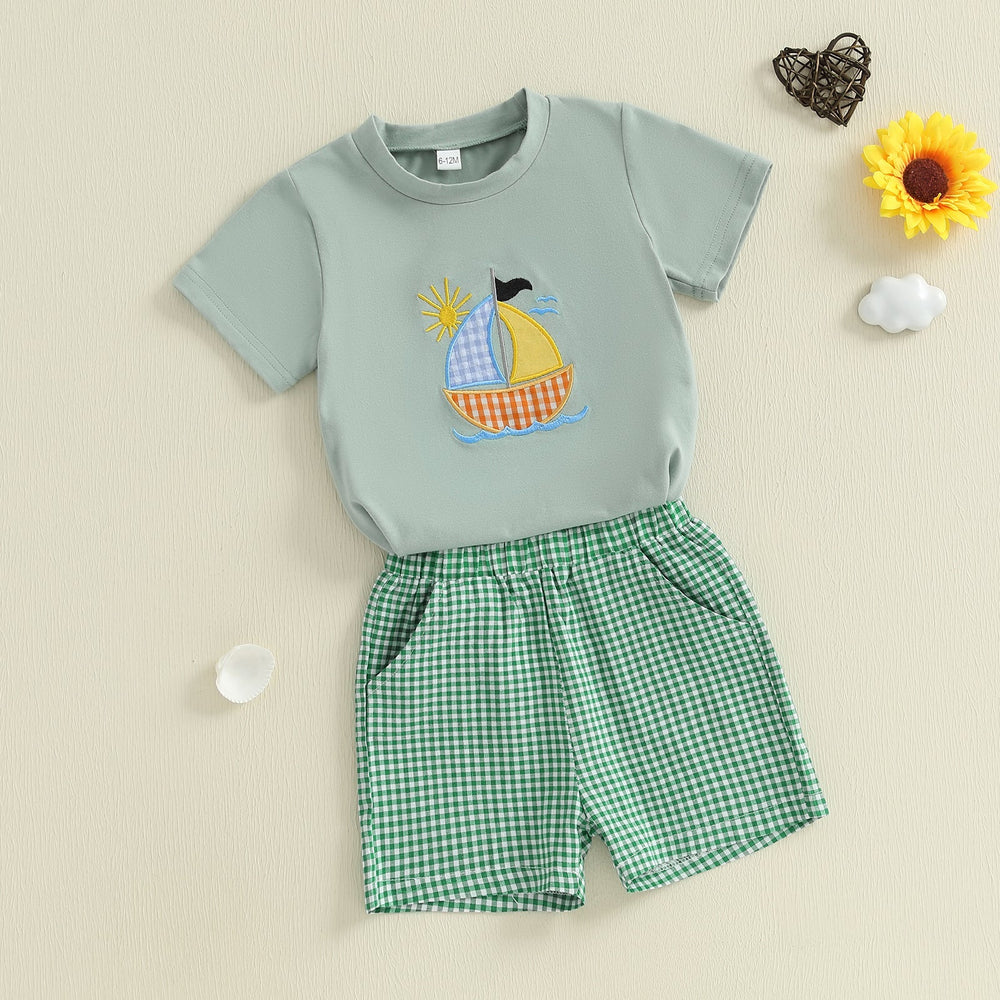 SailAway Zomerset Jongens | T-shirt met Zeilboot & Groene Ruitjes Short | Katoen & Polyester | 6mnd–4jr | Zomerse Outfit voor Peuters More For Mini