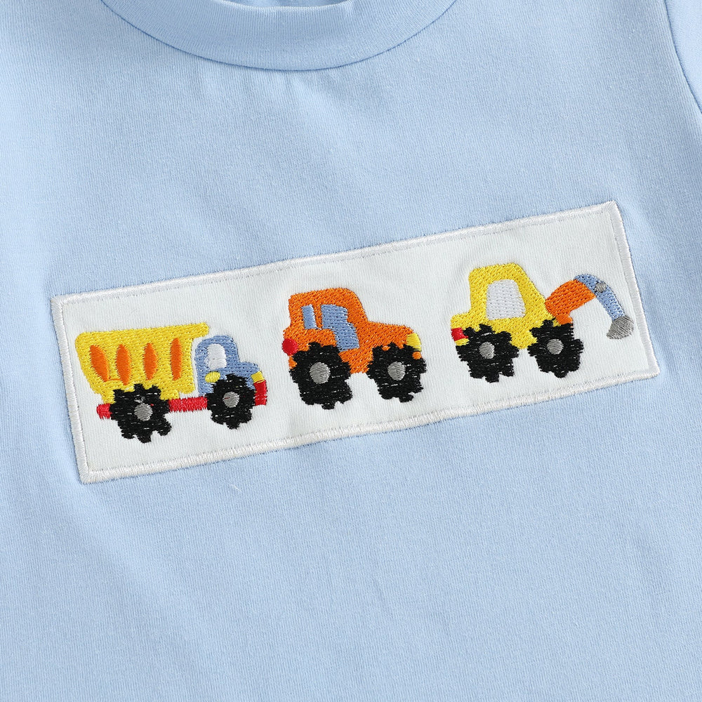 MiniMachines Zomerset Jongens | T-shirt met Bouwvoertuigen & Gestreepte Gele Short | Katoen & Polyester | 0–4 Jaar | Comfortabele Zomeroutfit More For Mini