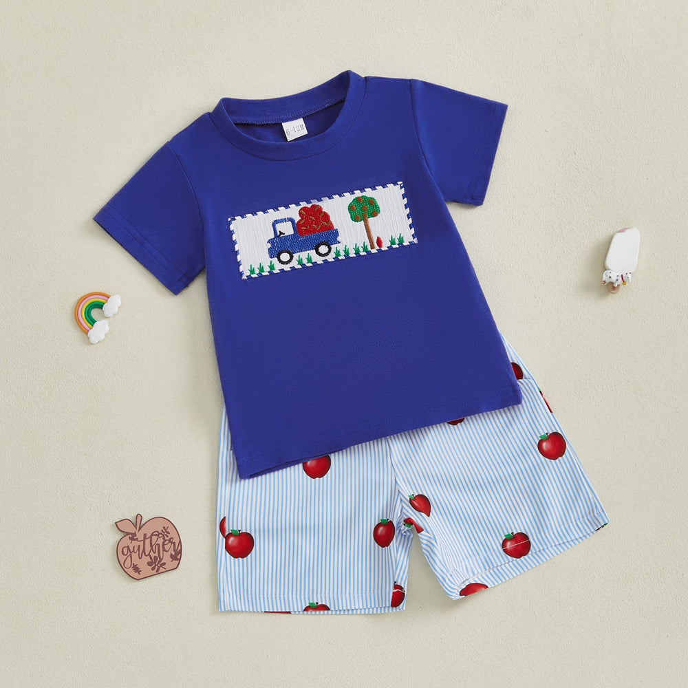 AppleTruck Zomerset Jongens | T-shirt met Appeltruck & Gestreepte Short | Katoen & Polyester | 6mnd–4jr | Blauw & Rood More For Mini