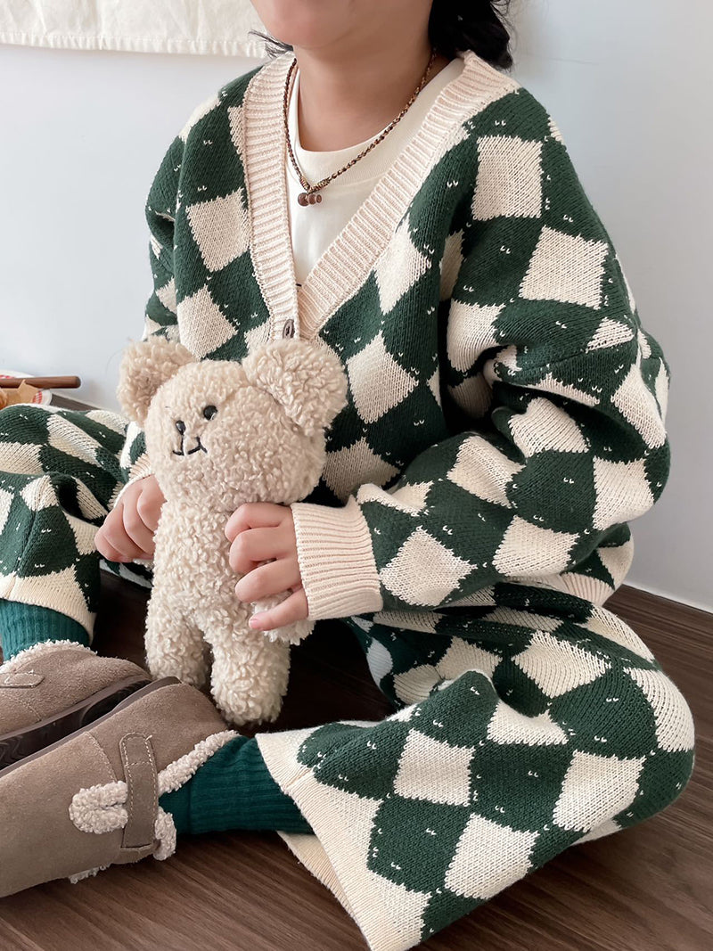 Stickat rutigt klädset – Lilla schackmästaren unisex, Beige/Grön, Bomull, Storlek 0–6 år More For Mini