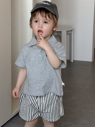 Nautino Polo & Randiga Shorts Set – Sommaroutfit Barn 0–3 år – Grå Polotröja + Randiga Shorts – Bekväm & Unisex MoreForMini