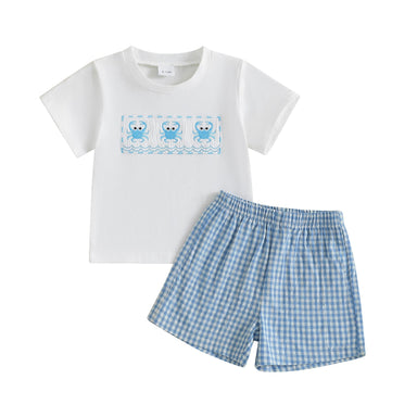 CrabbyCool Zomerset Baby & Peuter | T-shirt met Krabjes & Ruitjes Short | Katoen & Polyester | 6mnd–4jr | Wit & Blauw More For Mini