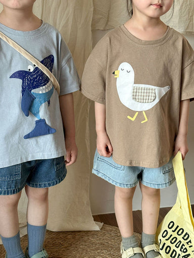 3D T-shirt med haj och mås – Baby, Småbarn, Förskolebarn, Barn, Blå/Brun, Bomull, Storlek 0–8 år More For Mini