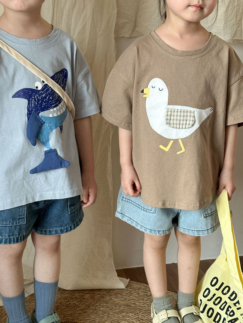 3D T-shirt med haj och mås – Baby, Småbarn, Förskolebarn, Barn, Blå/Brun, Bomull, Storlek 0–8 år More For Mini