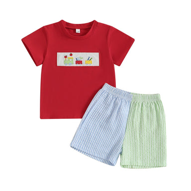 Schooltrain Zomerset Jongens | Rood T-shirt met Treinprint & Gestreepte Short | Katoen & Polyester | 2–6 Jaar | Zomerspeelkleding More For Mini