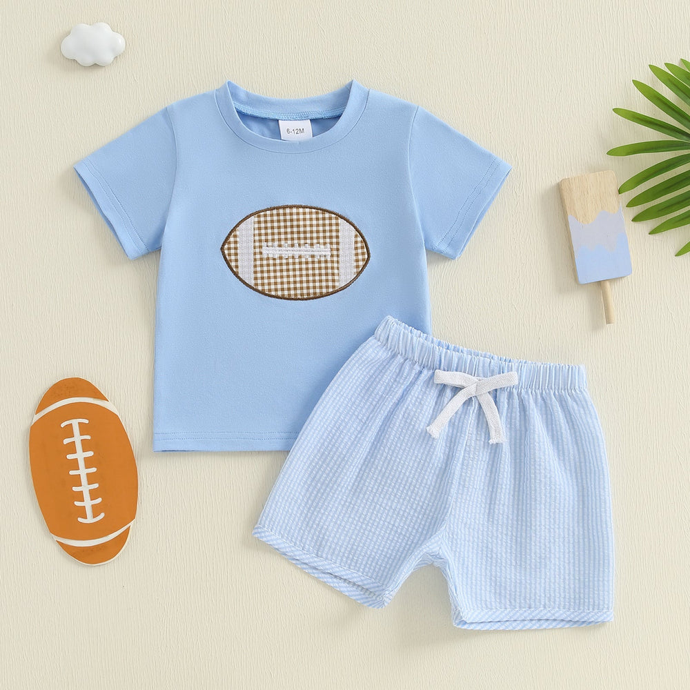 Touchdown Zomerset Jongens | T-shirt met Rugbybal & Lichtblauwe Short | Katoen & Polyester | 6mnd–4jr | Sportieve Babyoutfit More For Mini