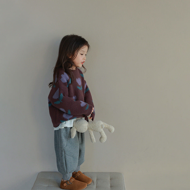 Trui met Print - Tulpen Meisjes, Bruin, Katoen, Maat 0-8 Jaar-More For Mini