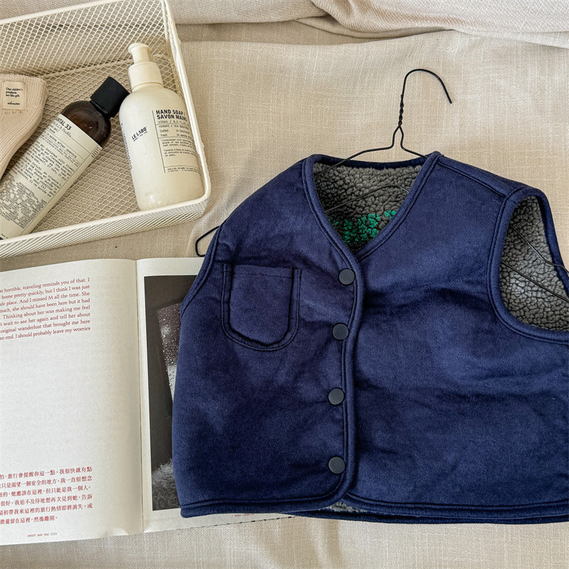 Tweezijdige Bodywarmer - CuddleSwitch Meisjes, Bruin/Blauw, Suède, Maat 0-6 Jaar-More For Mini