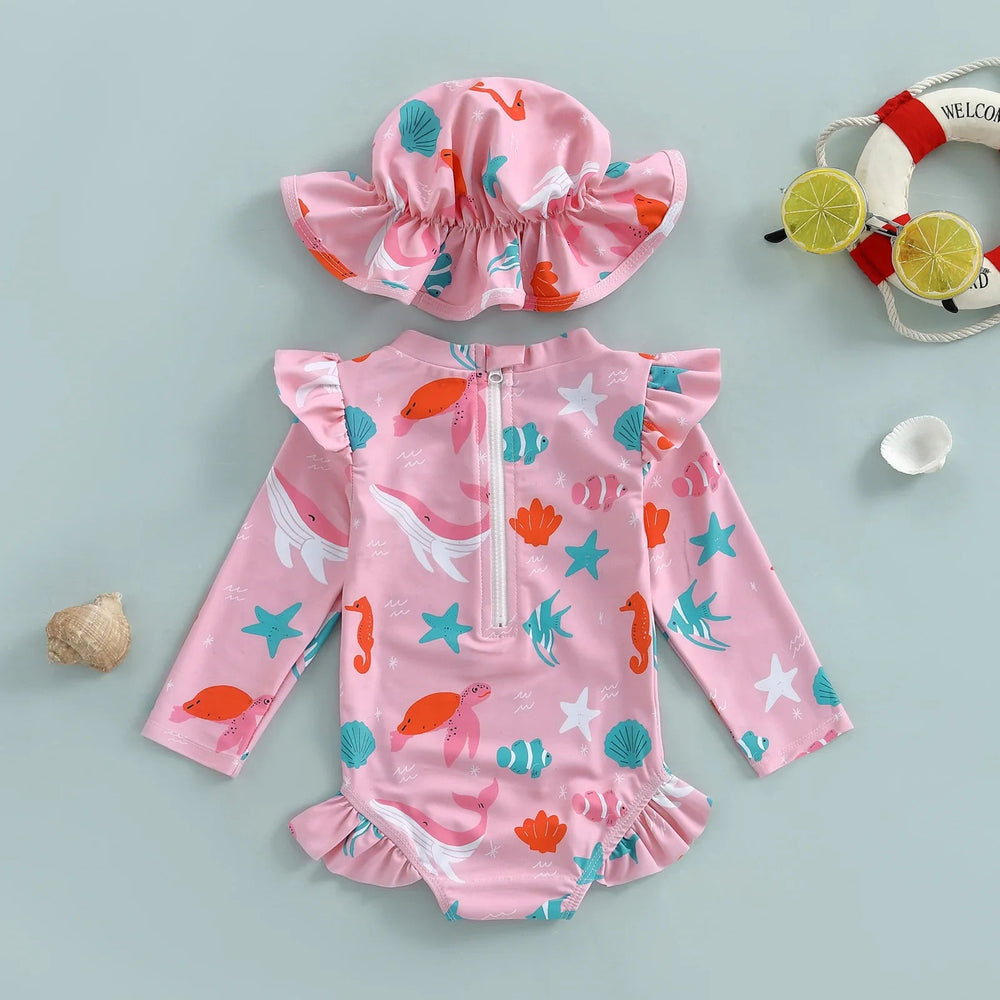 Baby Flicka UV Baddräkt med Solhatt – Långa Ärmar | 6M-3 år More For Mini