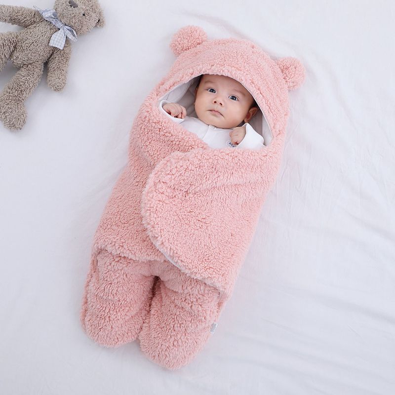 Wikkeldeken met Berenoortjes – Baby, Beige/Blauw/Roze/Wit, Fleece, Katoen-More For Mini