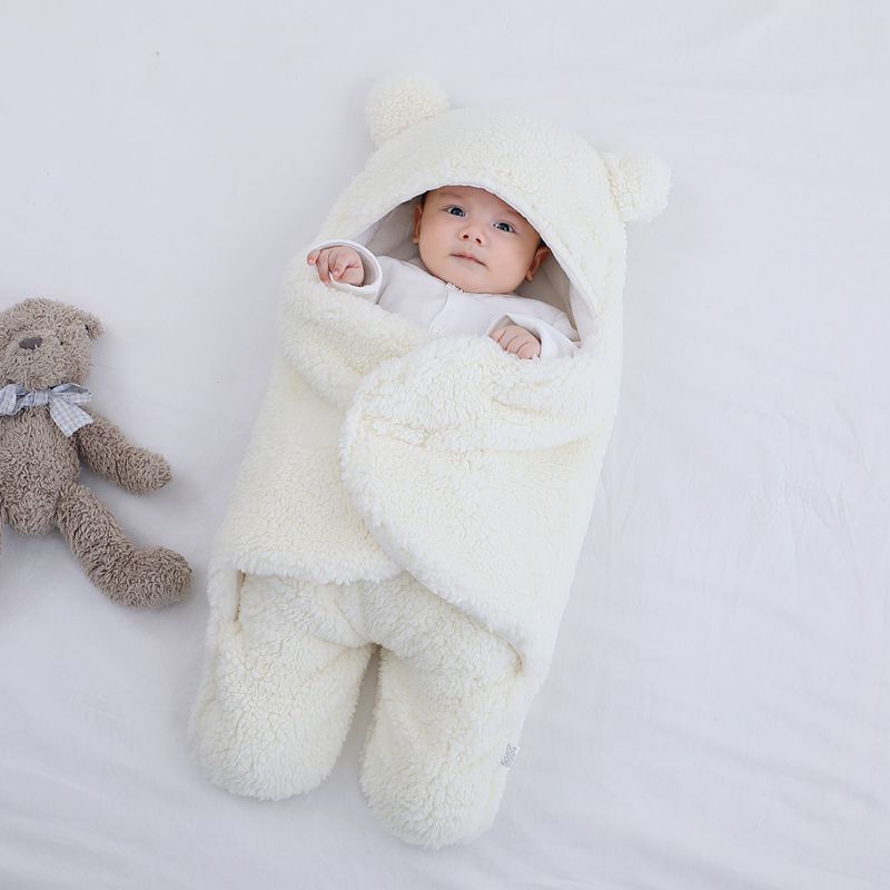 Wikkeldeken met Berenoortjes – Baby, Beige/Blauw/Roze/Wit, Fleece, Katoen-More For Mini