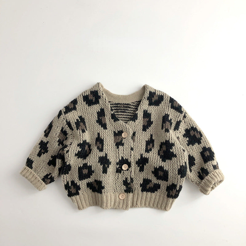 Gebreid Vest met Luipaard print - Meisjes, Beige/Paars, Katoen, Maat 0-6 Jaar-More For Mini