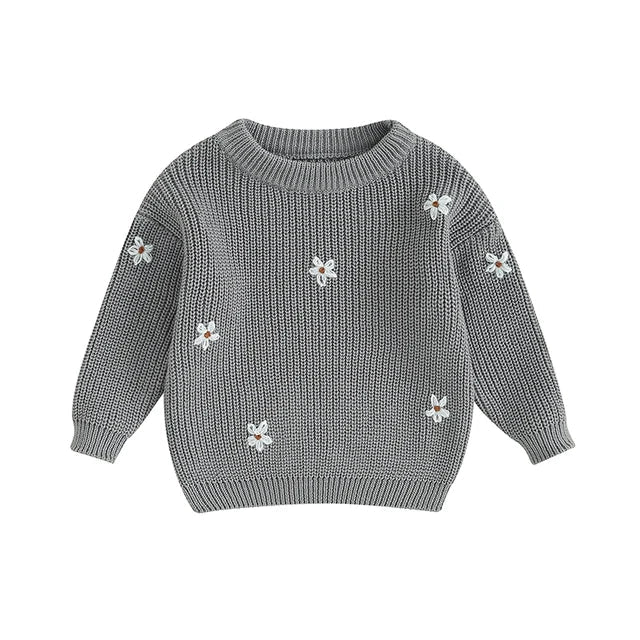 Gebreide Trui met Bloemen – Meisjes, Beige/Groen/Grijs/Paars/Roze, Katoen, Maat 0-6 Jaar-More For Mini