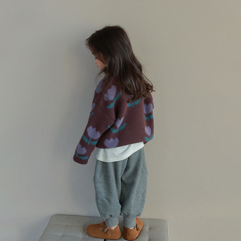 Trui met Print - Tulpen Meisjes, Bruin, Katoen, Maat 0-8 Jaar-More For Mini