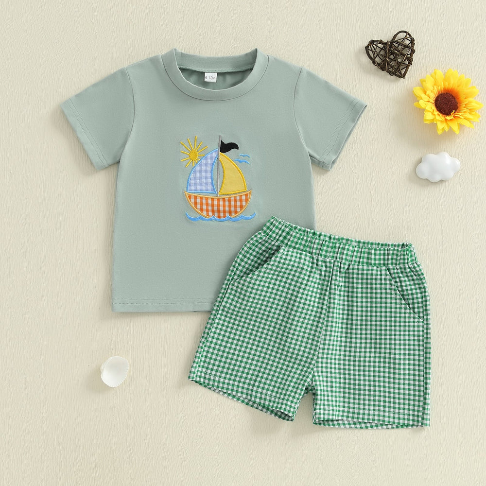 SailAway Zomerset Jongens | T-shirt met Zeilboot & Groene Ruitjes Short | Katoen & Polyester | 6mnd–4jr | Zomerse Outfit voor Peuters More For Mini