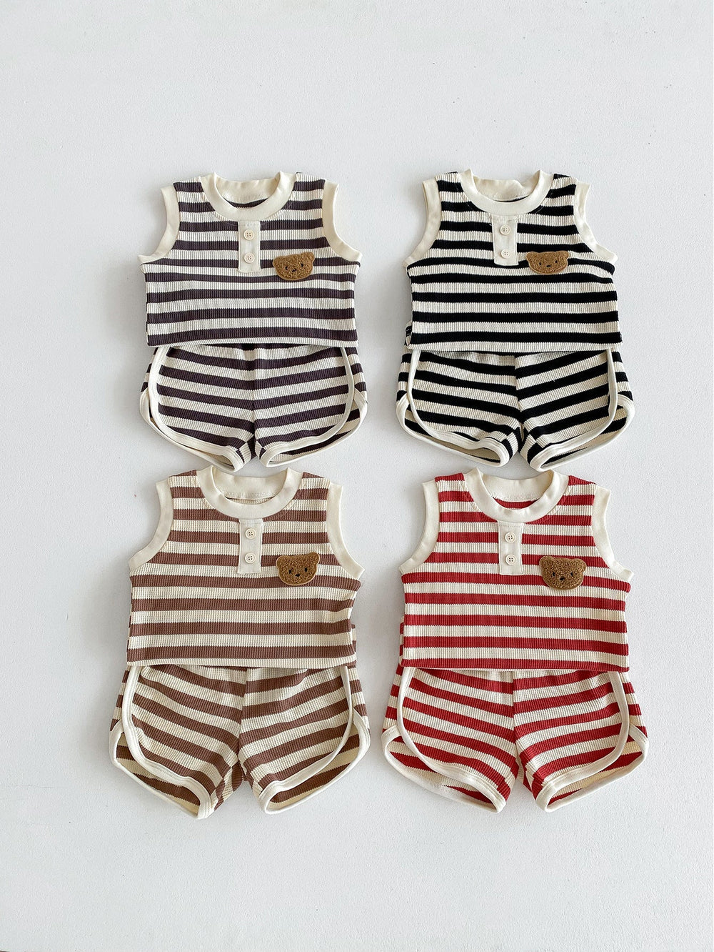 Randigt sommarset med linne och shorts med björn – Baby Småbarn, Brun/Svart/Röd/Grå, Storlek 0–3 år More For Mini