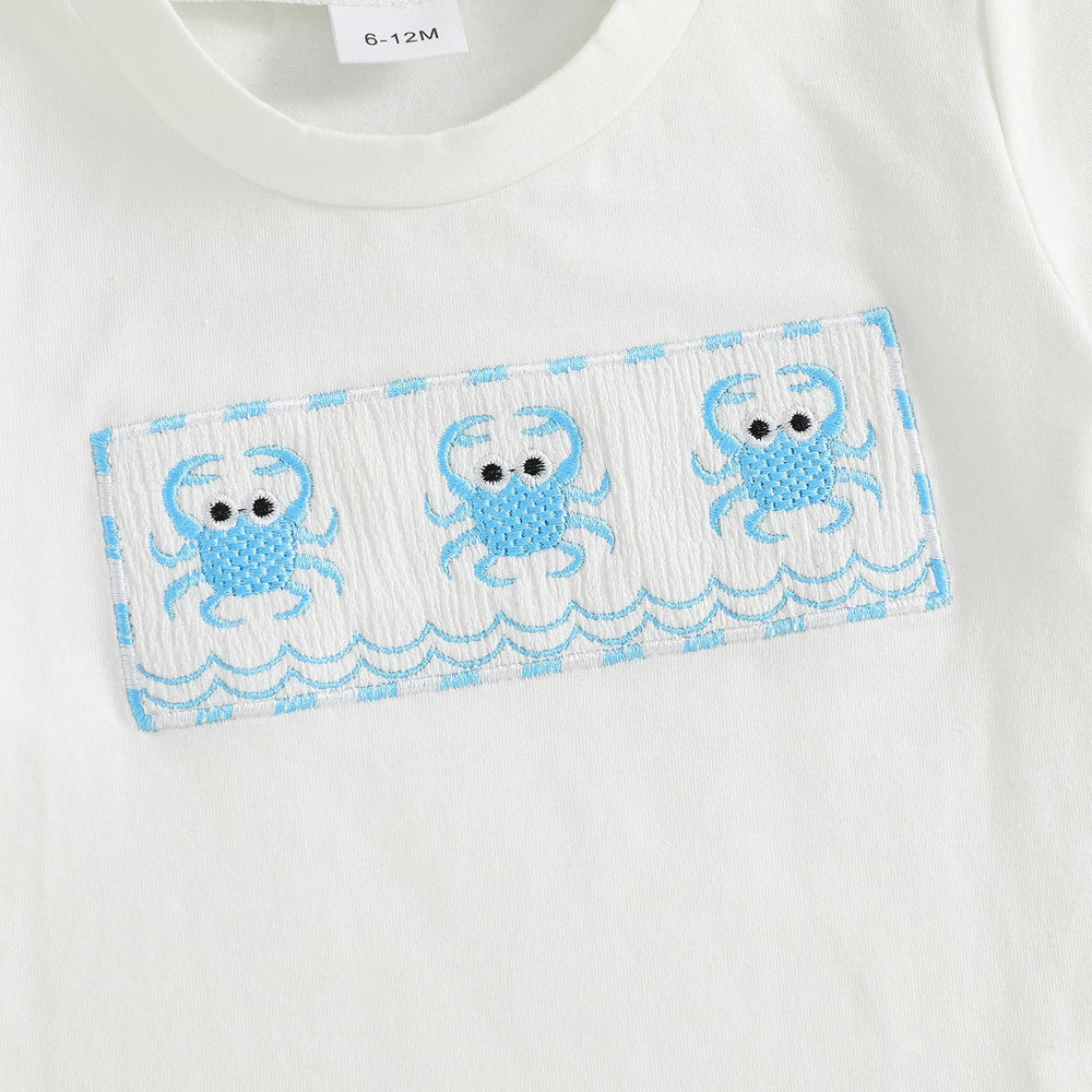CrabbyCool Zomerset Baby & Peuter | T-shirt met Krabjes & Ruitjes Short | Katoen & Polyester | 6mnd–4jr | Wit & Blauw More For Mini