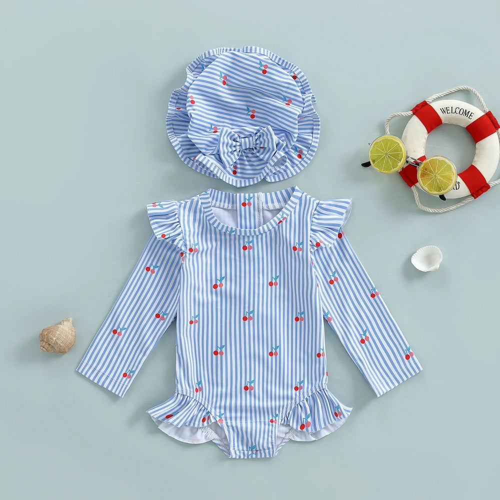 Baby Flicka UV Baddräkt med Solhatt – Långa Ärmar | 6M-3 år More For Mini