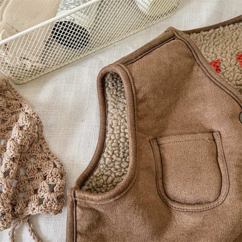 Tweezijdige Bodywarmer - CuddleSwitch Meisjes, Bruin/Blauw, Suède, Maat 0-6 Jaar-More For Mini