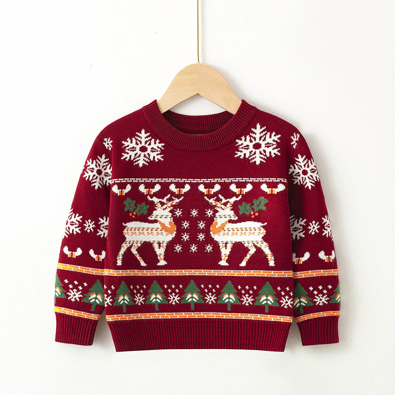 Kersttrui met Rendieren en Sneuwvlokken - Unisex, Rood/Blauw, Katoen, Maat 1-6 Jaar-More For Mini