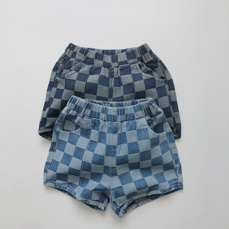 Nolu Checker Shorts – Rutiga Barnshorts Blå – Unisex Sommarshorts i Bomull – Resårmidja – Storlek 0–6 år More For Mini