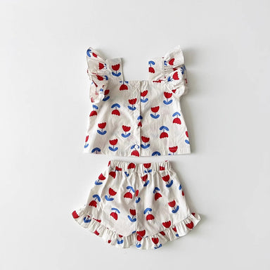 Lulu & Leaf Sommarset Flicka – 2-delad Bomullsoutfit med Volanger & Tulpanmönster (0–5 år) More For Mini
