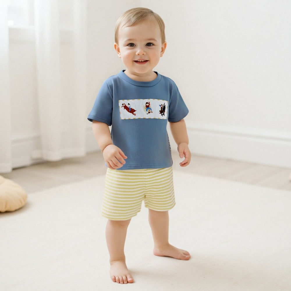 JungleJump Zomerset Jongens | T-shirt met Aapjes & Gestreepte Short | Katoen & Polyester | 6mnd–4jr | Blauw & Geel More For Mini