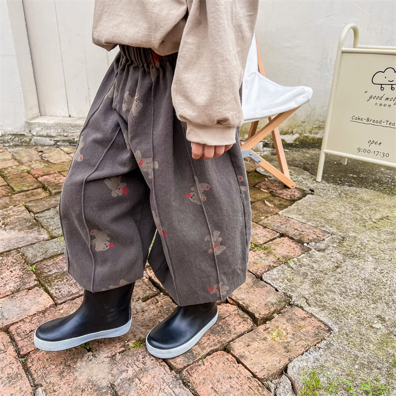 Baggybyxa med Björntryck – Bamboo Bear Unisex, Beige/Grå, Bomull, Storlek 0–6 år More For Mini