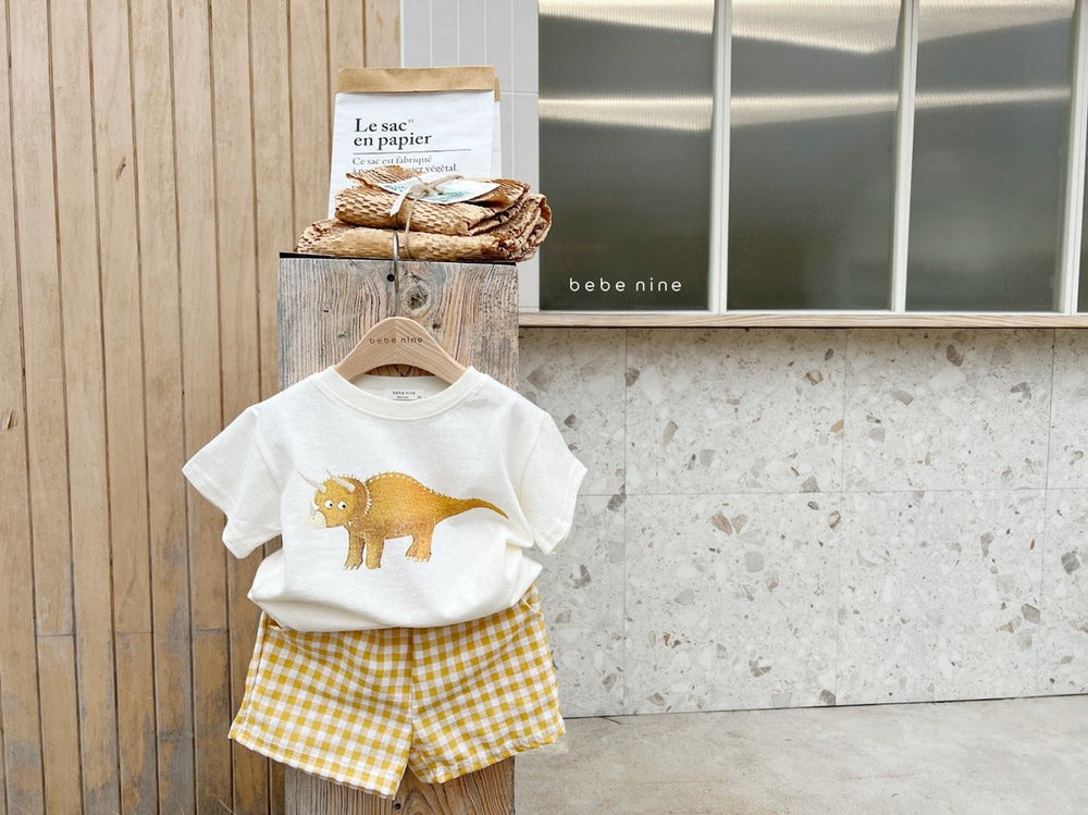 Mavino Dino Daze Set – Sommarset Småbarn 1–7 år – T-shirt + Rutig Shorts – 100 % Bomull – Unisex – Dino-tryck More For Mini