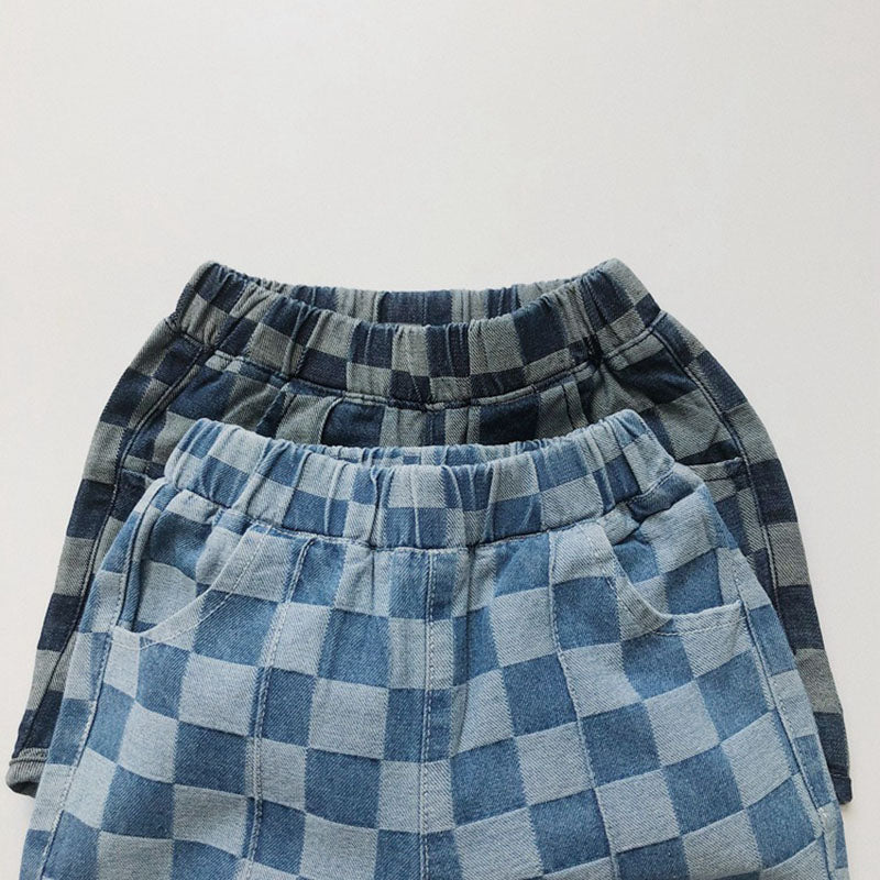 Nolu Checker Shorts – Rutiga Barnshorts Blå – Unisex Sommarshorts i Bomull – Resårmidja – Storlek 0–6 år More For Mini