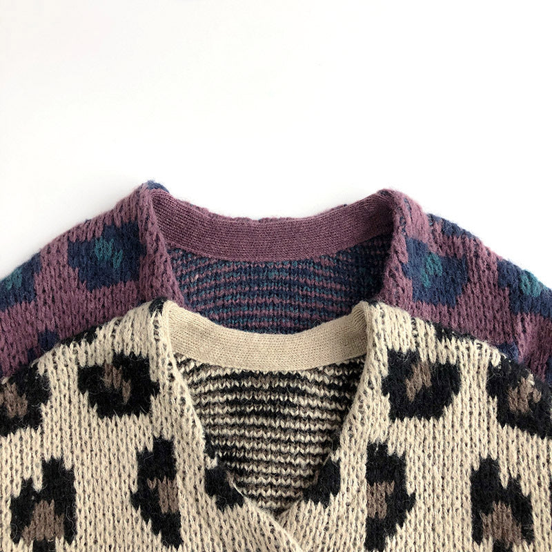 Gebreid Vest met Luipaard print - Meisjes, Beige/Paars, Katoen, Maat 0-6 Jaar-More For Mini