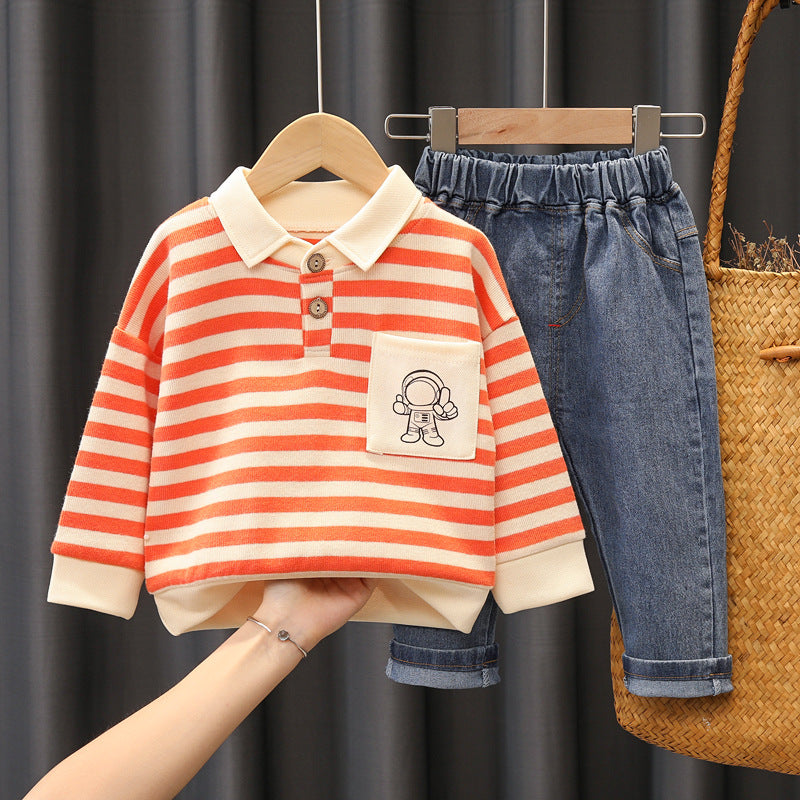 Set med Randig Tröja och Jeans – Astronaut Little Voyager Pojkar, Röd/Blå/Svart, Bomull, Storlek 0–5 år More For Mini