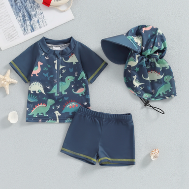 SunnySplash Zwemset Kinderen | T-Shirt, Broek & Zonnehoed | UV-Bescherming | Dinosaurus & Krab | 0-3 Jaar More For Mini