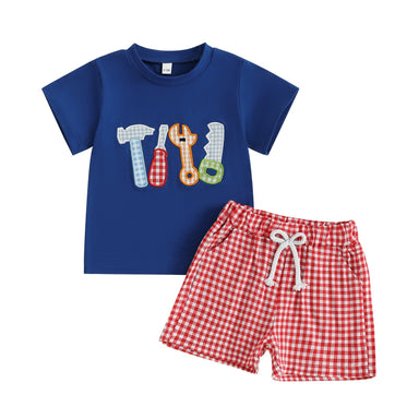 ToolTime Zomerset Jongens | T-shirt met Gereedschap & Ruitjes Short | 6mnd–4jr | Katoen & Polyester | Blauw & Rood More For Mini