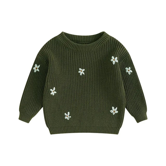 Gebreide Trui met Bloemen – Meisjes, Beige/Groen/Grijs/Paars/Roze, Katoen, Maat 0-6 Jaar-More For Mini