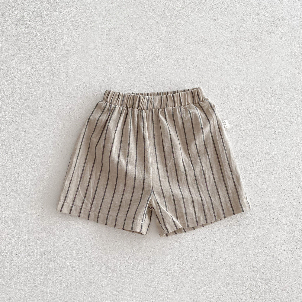 Sommerset med kortbyxor och skjorta – Randigt linneset för pojkar, Beige, Bomull, Storlek 0–5 år More For Mini