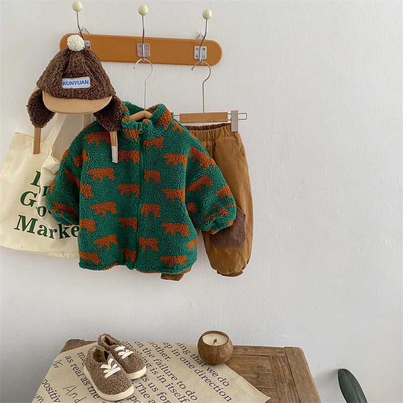 Fleece Vest met Berenmotief – Beren Unisex, Zwart/Groen, Maat 1-6 jaar-More For Mini