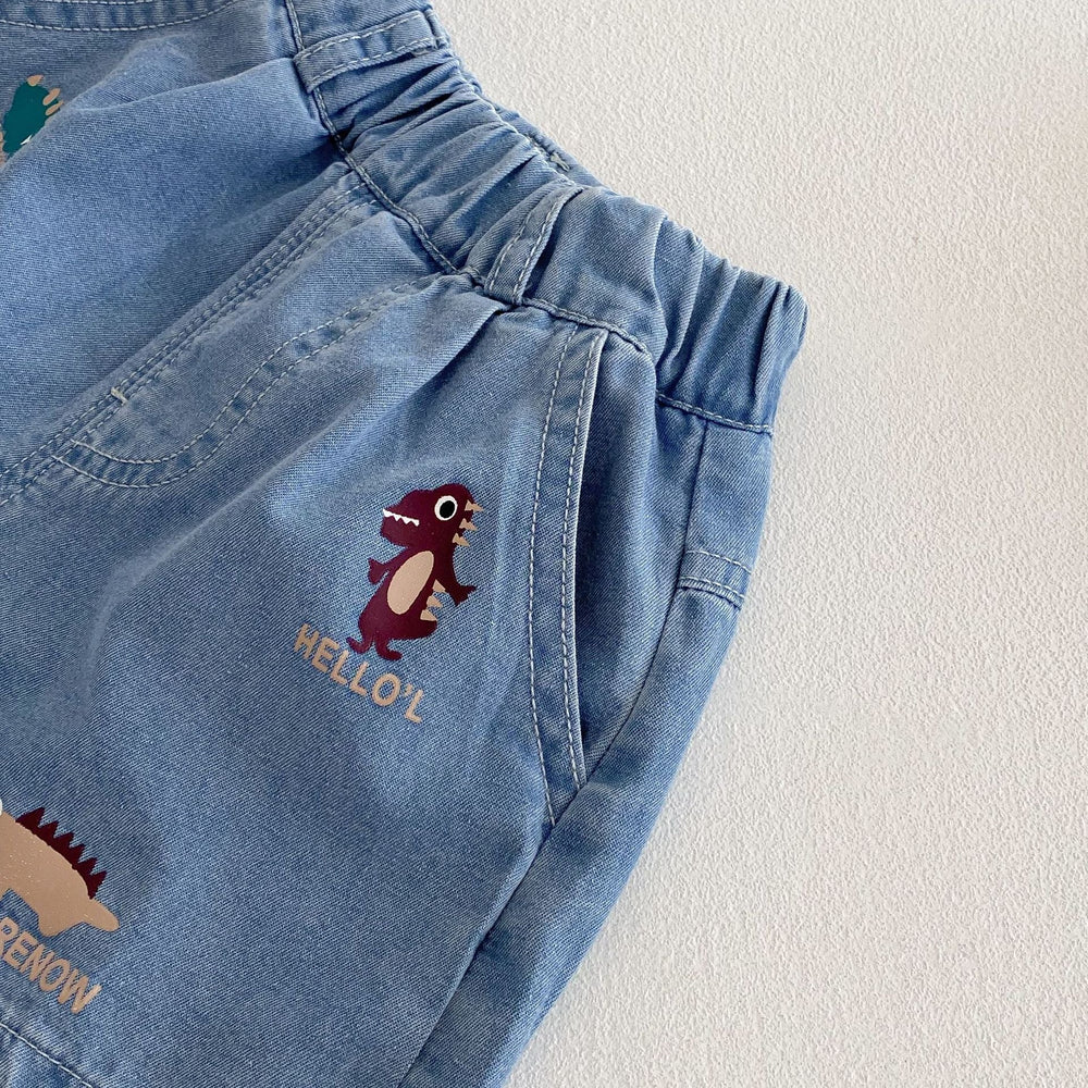 Kort Jeansbyxa med Resår och Dinosaurietryck – Baby, Småbarn, Förskolebarn, Ljusblå, Bomull/Denim, Storlek 0–5 år More For Mini