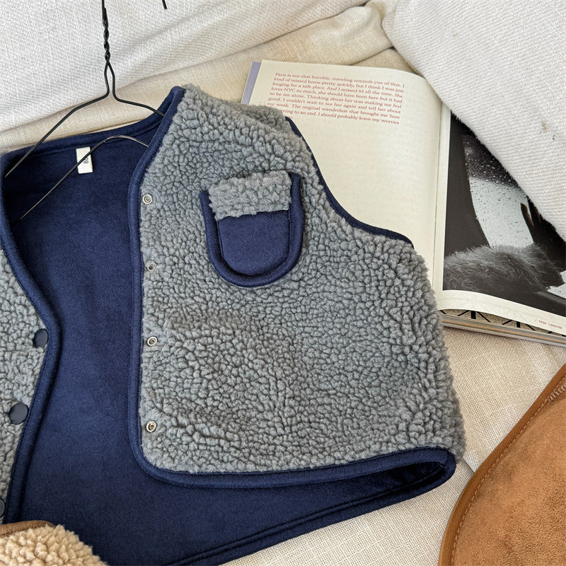 Tweezijdige Bodywarmer - CuddleSwitch Meisjes, Bruin/Blauw, Suède, Maat 0-6 Jaar-More For Mini