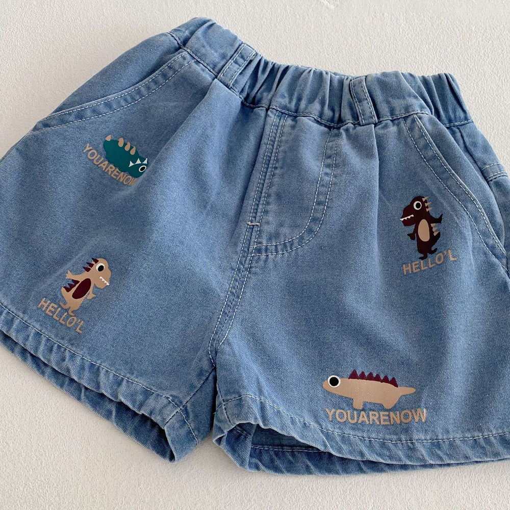 Kort Jeansbyxa med Resår och Dinosaurietryck – Baby, Småbarn, Förskolebarn, Ljusblå, Bomull/Denim, Storlek 0–5 år More For Mini